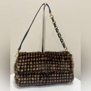 Checkboard Real Muskrat Fur Handmade Baguette Bag, Including 2 Strap Styles